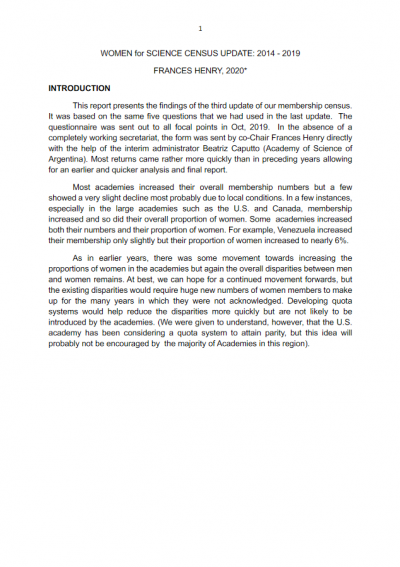 Women for science census update: 2014 - 2019